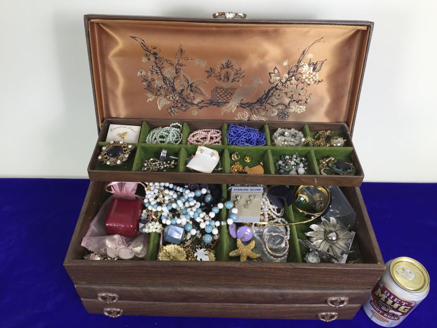 Vintage Tabletop Jewelry Box With 2-Drawers Filled With Costume Jewelry