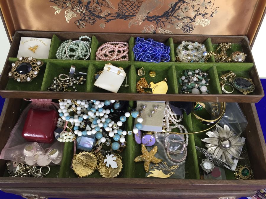 Vintage Tabletop Jewelry Box With 2-Drawers Filled With Costume Jewelry