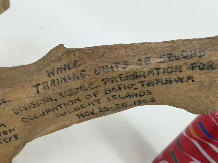 Historical Inscribed Vertebra Of Small Toothed Whale Found While Training 2nd Marine Division Troops Of U.S.M.C. In Preparation For 'Battle of Tarawa' Occupation Of Betio, Tarawa In Nov 20-26 1943 U.S.S. J. Franklin Bell Hawke Bay New Zealand [Photo 3]