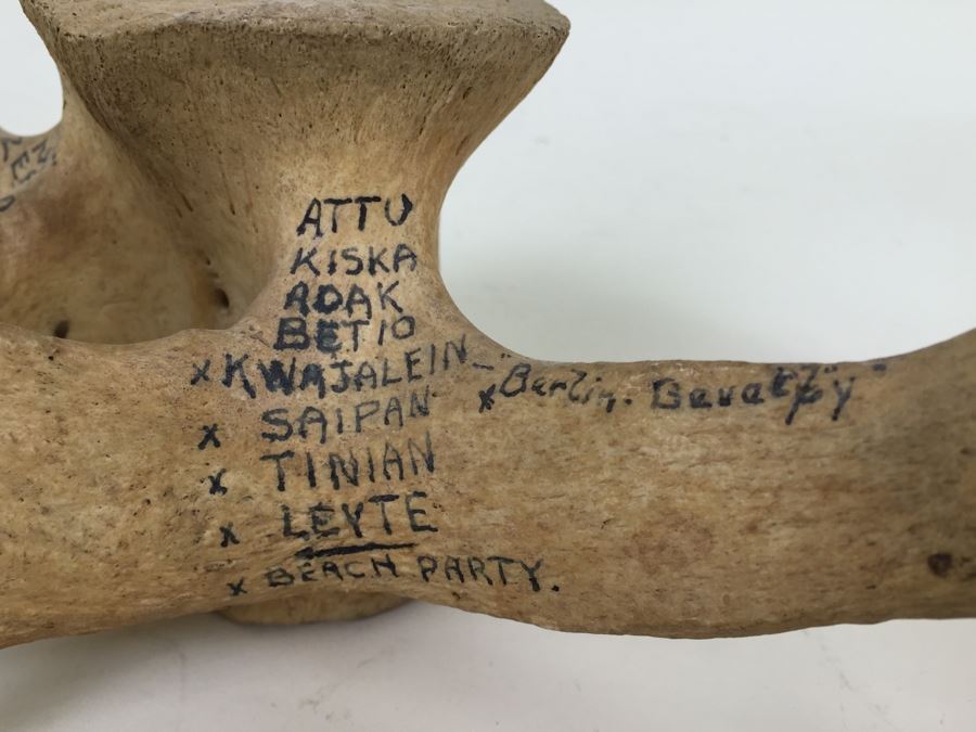 Historical Inscribed Vertebra Of Small Toothed Whale Found While Training 2nd Marine Division Troops Of U.S.M.C. In Preparation For 'Battle of Tarawa' Occupation Of Betio, Tarawa In Nov 20-26 1943 U.S.S. J. Franklin Bell Hawke Bay New Zealand [Photo 5]