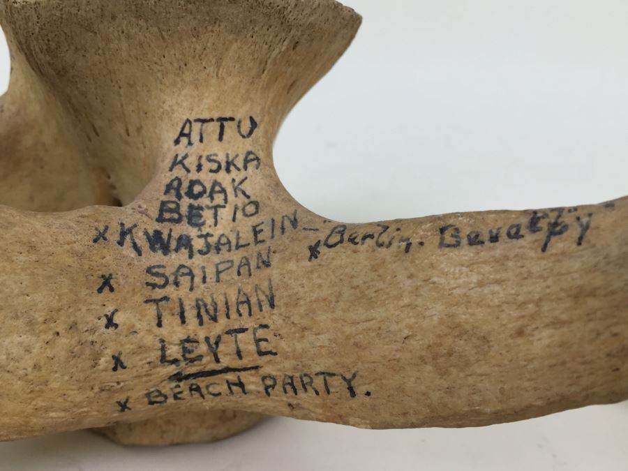 Historical Inscribed Vertebra Of Small Toothed Whale Found While Training 2nd Marine Division Troops Of U.S.M.C. In Preparation For 'Battle of Tarawa' Occupation Of Betio, Tarawa In Nov 20-26 1943 U.S.S. J. Franklin Bell Hawke Bay New Zealand [Photo 6]