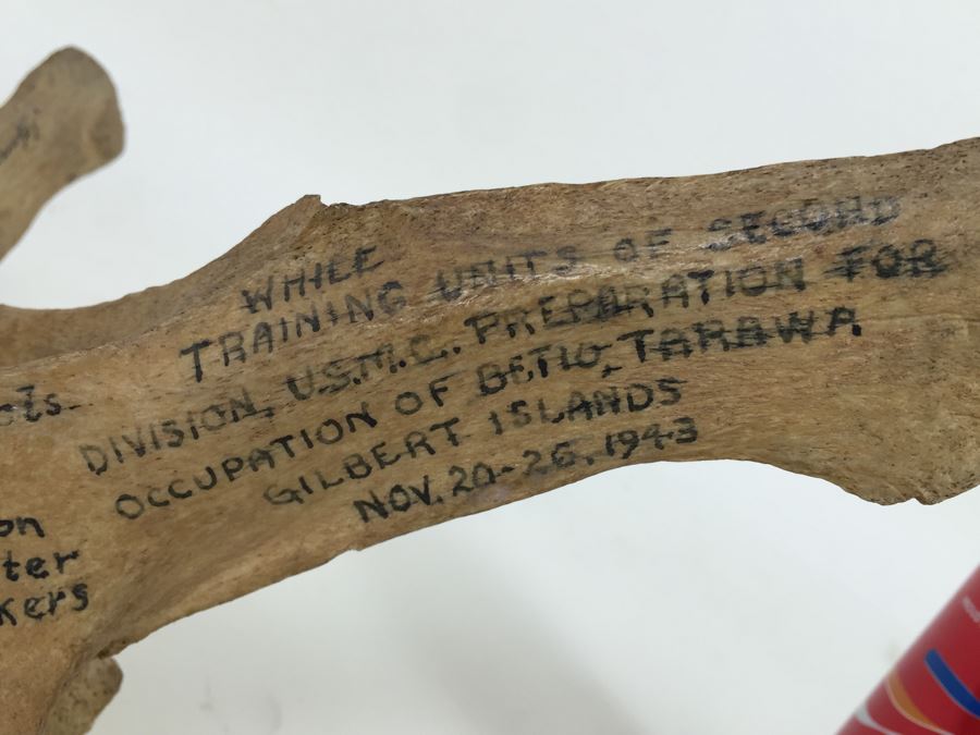 Historical Inscribed Vertebra Of Small Toothed Whale Found While Training 2nd Marine Division Troops Of U.S.M.C. In Preparation For 'Battle of Tarawa' Occupation Of Betio, Tarawa In Nov 20-26 1943 U.S.S. J. Franklin Bell Hawke Bay New Zealand [Photo 14]