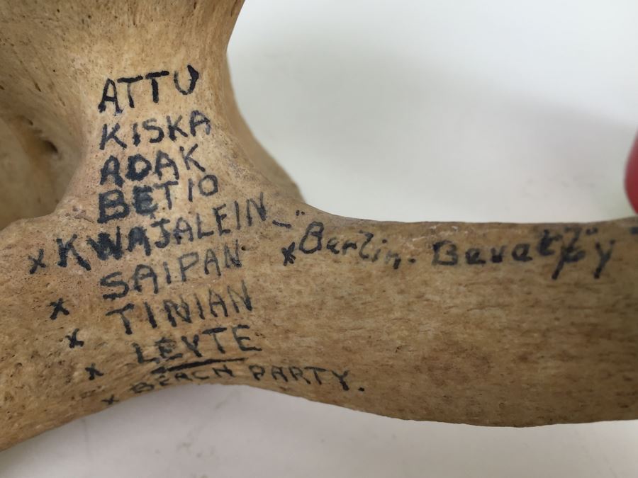 Historical Inscribed Vertebra Of Small Toothed Whale Found While Training 2nd Marine Division Troops Of U.S.M.C. In Preparation For 'Battle of Tarawa' Occupation Of Betio, Tarawa In Nov 20-26 1943 U.S.S. J. Franklin Bell Hawke Bay New Zealand [Photo 7]