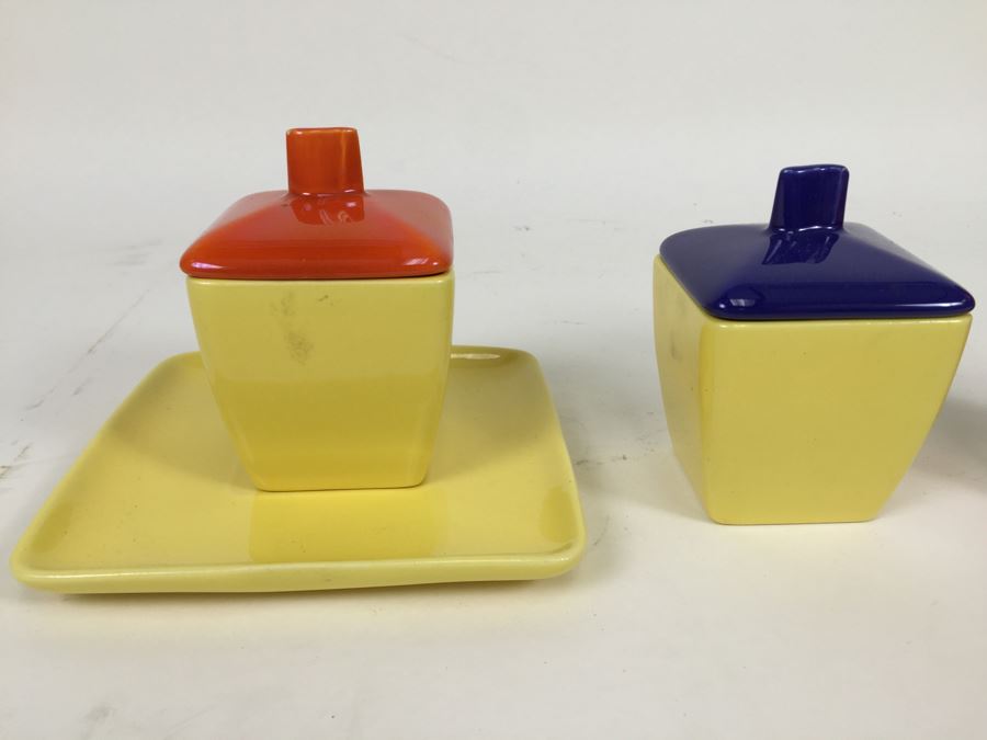 Franciscan Ware Covered Cups With Plate Note Orange Lid Has Minor Chips [Photo 4]