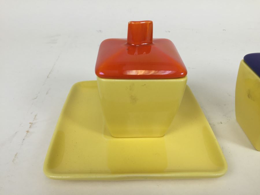 Franciscan Ware Covered Cups With Plate Note Orange Lid Has Minor Chips [Photo 5]