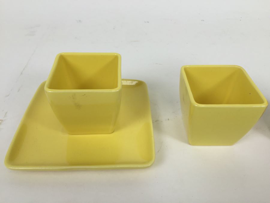 Franciscan Ware Covered Cups With Plate Note Orange Lid Has Minor Chips [Photo 6]