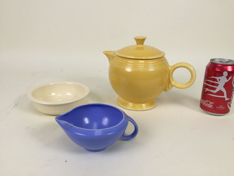 Yellow Fiesta HLC Teapot And White Fiesta HLC Bowl Plus Blue Vernon Kilns California Pottery