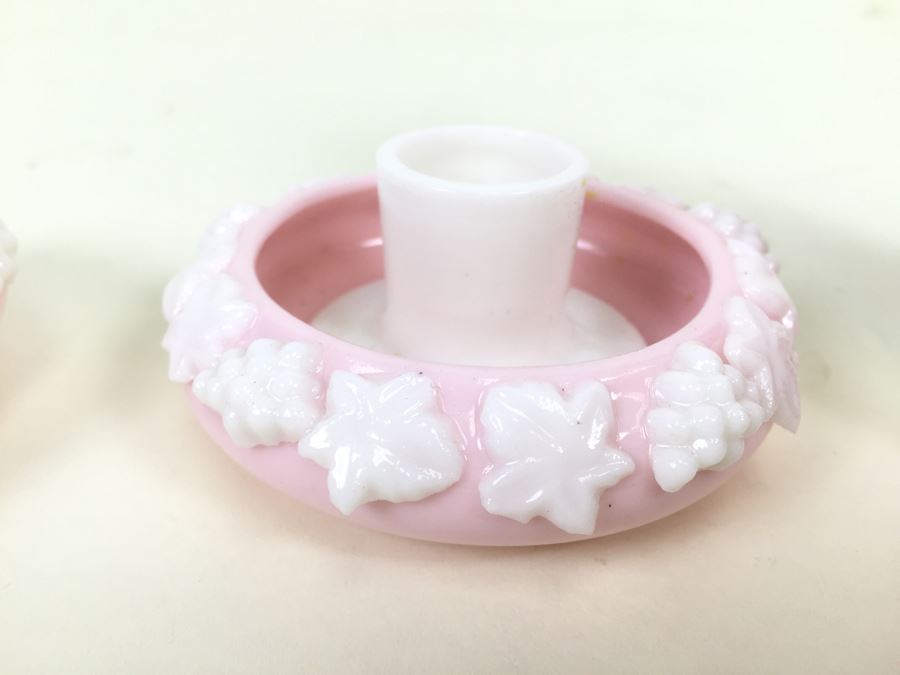 Pair Of Pink Milk Glass Candle Holders [Photo 4]