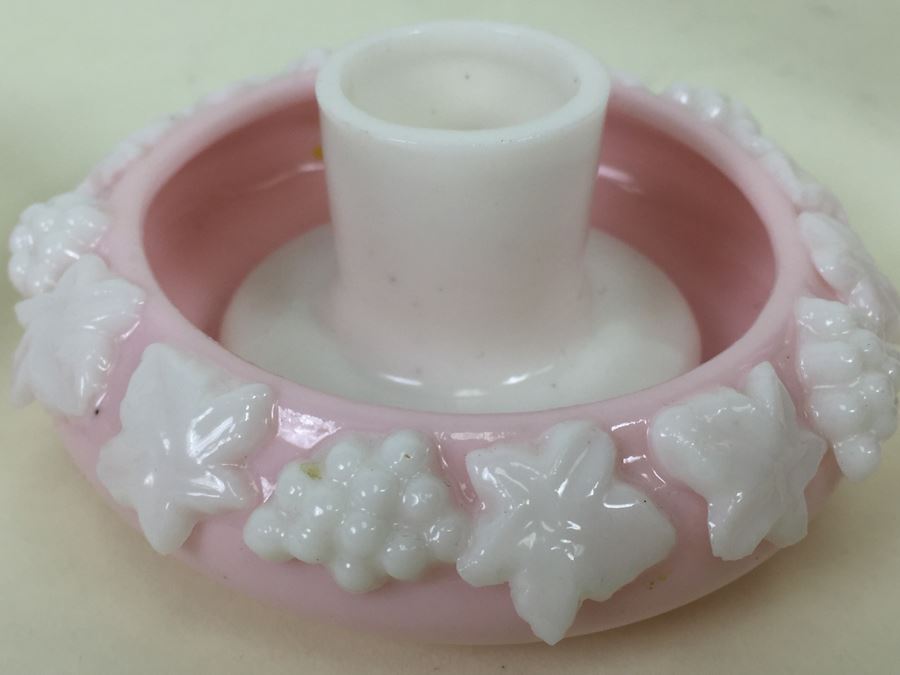 Pair Of Pink Milk Glass Candle Holders [Photo 2]