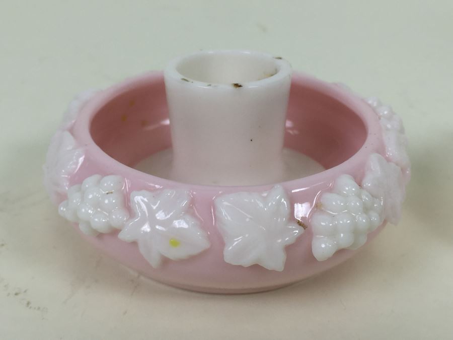 Pair Of Pink Milk Glass Candle Holders [Photo 7]