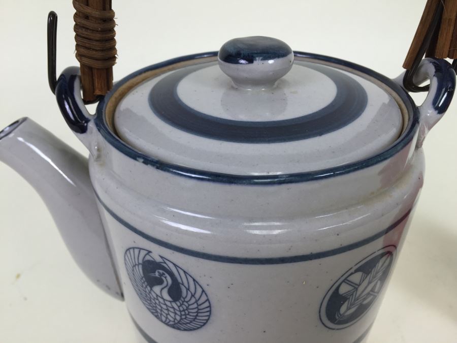 Vintage Stoneware Teapot With Wicker Handle