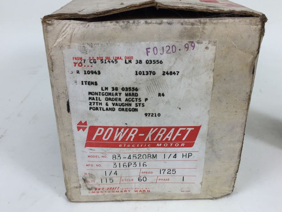 Powr-Kraft Electric Motor Model 83-4520BM 1/4 HP In Box [Photo 2]