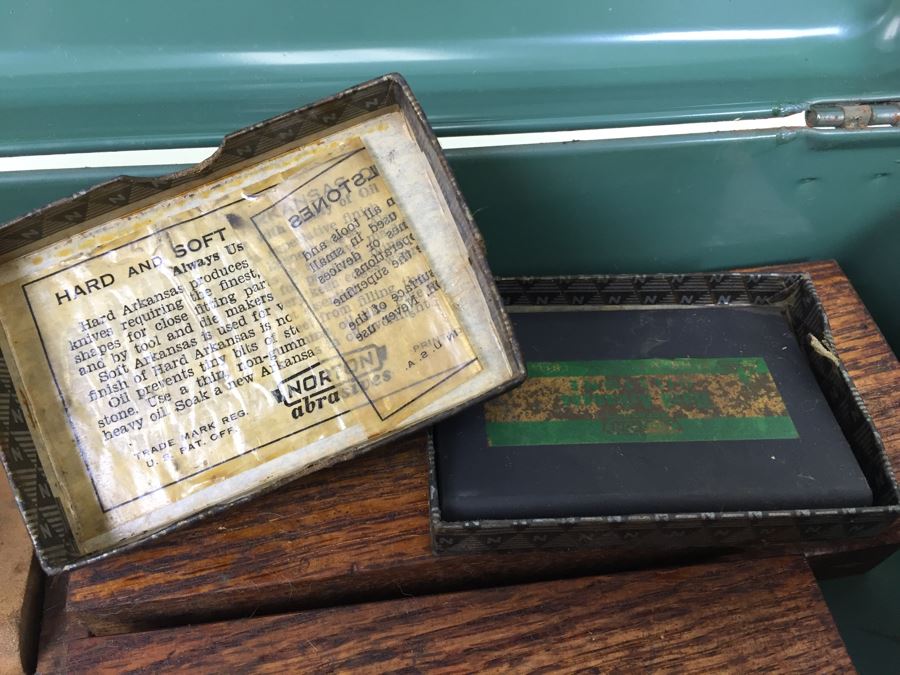 Vintage Metal Tackle Box Filled With Sharpening Stones With Boxes Norton Carborundum Brand Union Utility Chest [Photo 24]