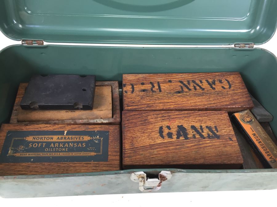 Vintage Metal Tackle Box Filled With Sharpening Stones With Boxes Norton Carborundum Brand Union Utility Chest [Photo 3]