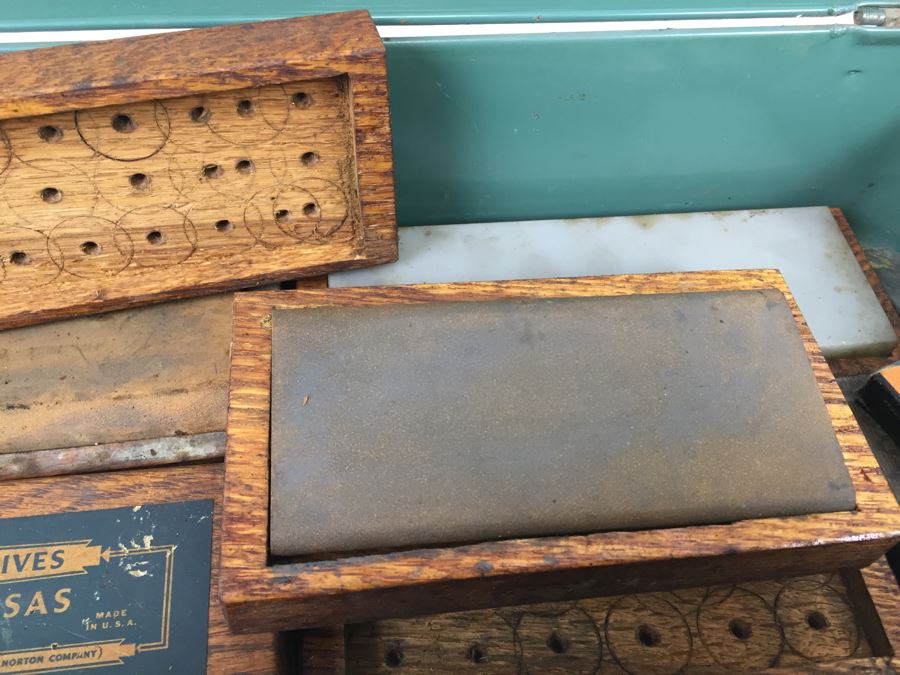 Vintage Metal Tackle Box Filled With Sharpening Stones With Boxes Norton Carborundum Brand Union Utility Chest [Photo 16]
