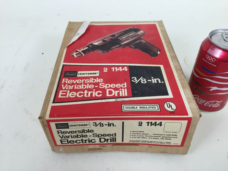Sears Craftsman Reversible Variable-Speed Electric Drill In Box With Drill Bits Model 9 1144