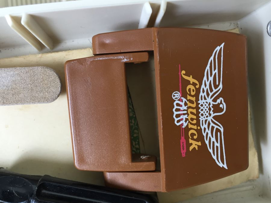 Fenwick Wide Body Tackle Box With Fishing Equipment And Vintage Marble's Knife [Photo 11]