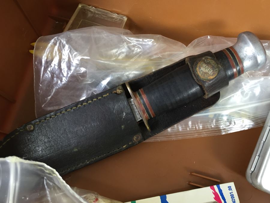 Fenwick Wide Body Tackle Box With Fishing Equipment And Vintage Marble's Knife [Photo 3]