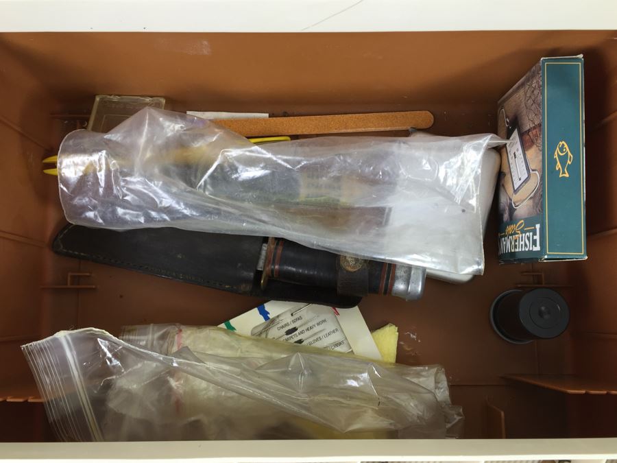 Fenwick Wide Body Tackle Box With Fishing Equipment And Vintage Marble's Knife [Photo 12]