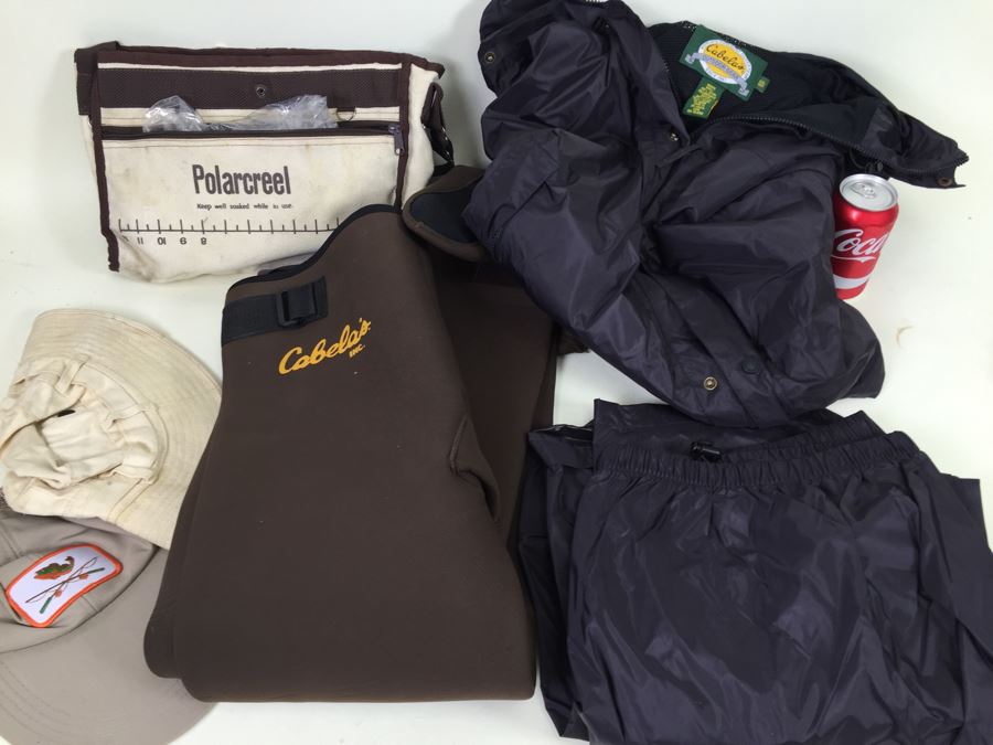 Cabela's 2XL Rain Jacket And Pants Plus Cabela's Wetsuit Waders With Booties And Accessories [Photo 1]