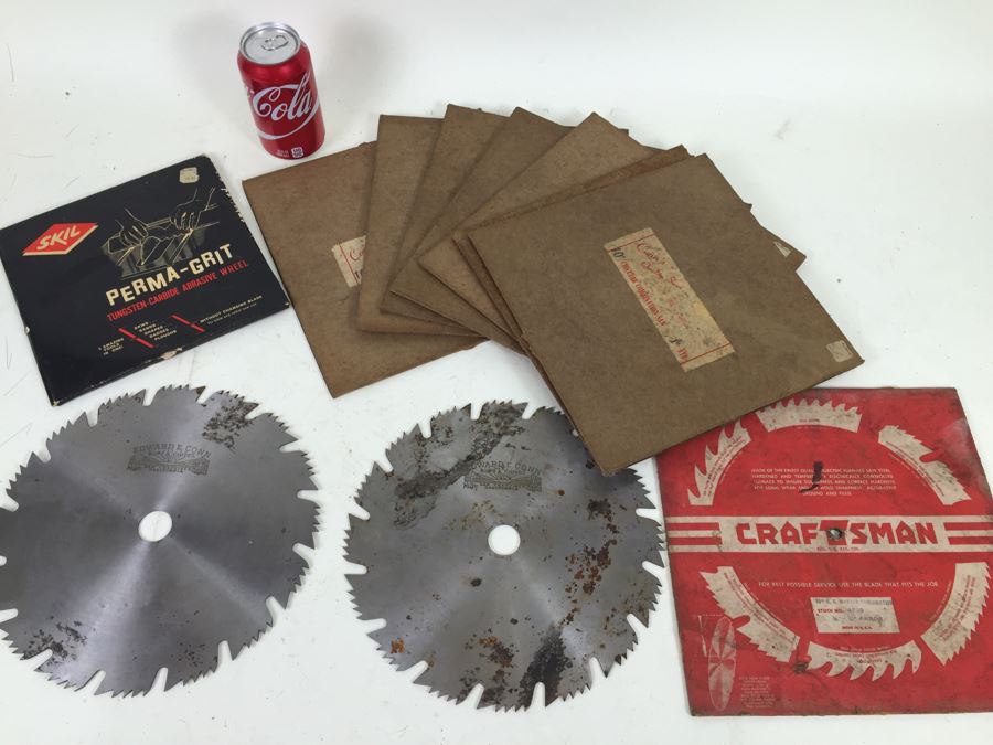 Lot Of 10' Rotary Saw Blades (9) Edward E. Conn Saws & Knives Rotary Blades + (1) Craftsman Blade + Skil Perma-Grit Abrasive Wheel [Photo 1]