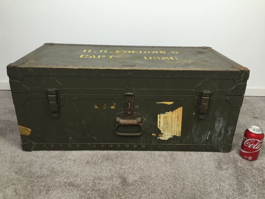 Vintage 1949 Doehler Metal Products Corp New York USMC Military Foot Locker Trunk Filled With Military Clothes And Other Items