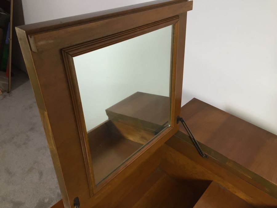 Vintage Vanity Desk With Flip Up Mirror And Some Office Supplies In Drawers By Crawford Furniture Jamestown, NY [Photo 6]