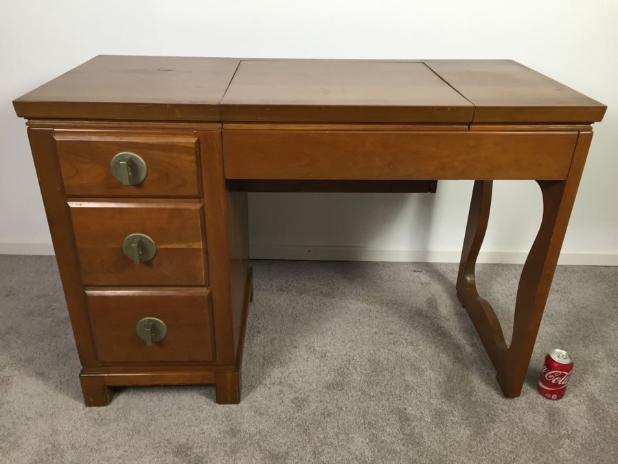 Vintage Vanity Desk With Flip Up Mirror And Some Office Supplies In Drawers By Crawford Furniture Jamestown, NY [Photo 10]