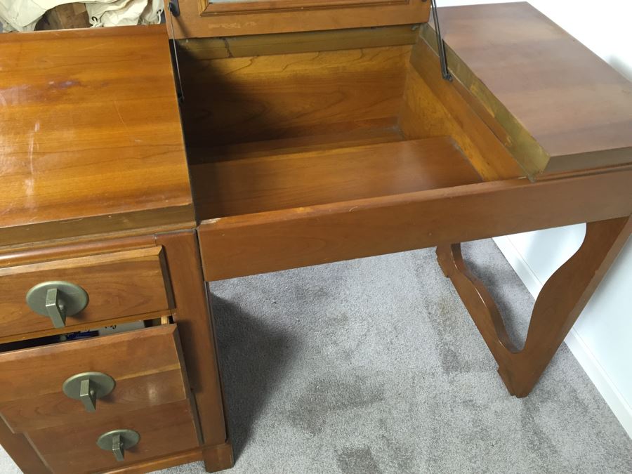 Vintage Vanity Desk With Flip Up Mirror And Some Office Supplies In Drawers By Crawford Furniture Jamestown, NY [Photo 9]