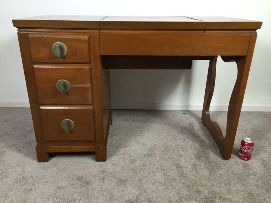 Vintage Vanity Desk With Flip Up Mirror And Some Office Supplies