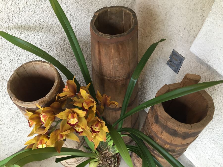 3 Vintage Tall Tapered Wooden Barrels - Does Not Include Plant [Photo 10]