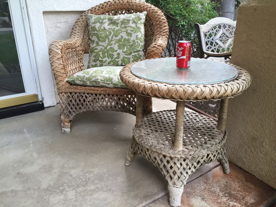 Woven Wicker Armchair With Side Table