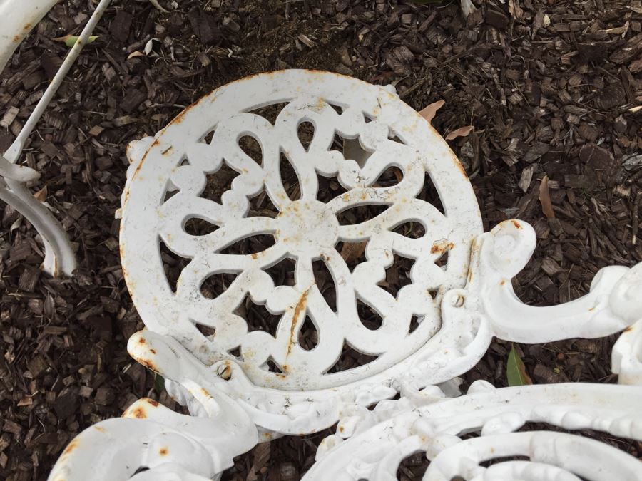 Vintage White Metal Outdoor Table With 2 Chairs And Succulents - Note Damage To Seat Of One Chair [Photo 7]