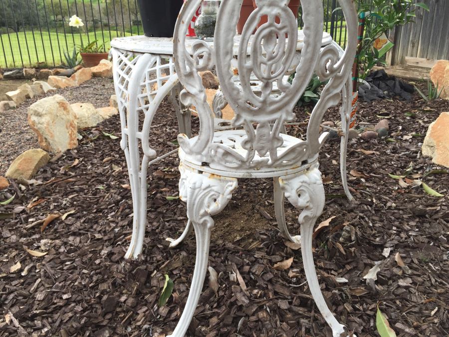 Vintage White Metal Outdoor Table With 2 Chairs And Succulents - Note Damage To Seat Of One Chair [Photo 8]