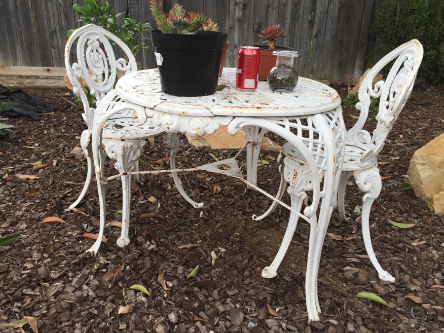 Vintage White Metal Outdoor Table With 2 Chairs And Succulents - Note Damage To Seat Of One Chair