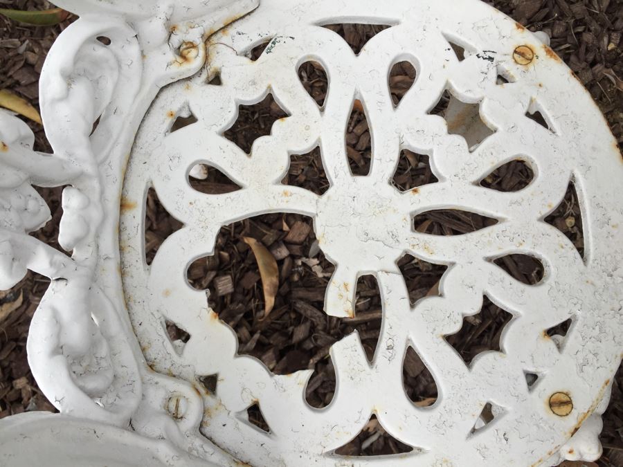 Vintage White Metal Outdoor Table With 2 Chairs And Succulents - Note Damage To Seat Of One Chair [Photo 6]
