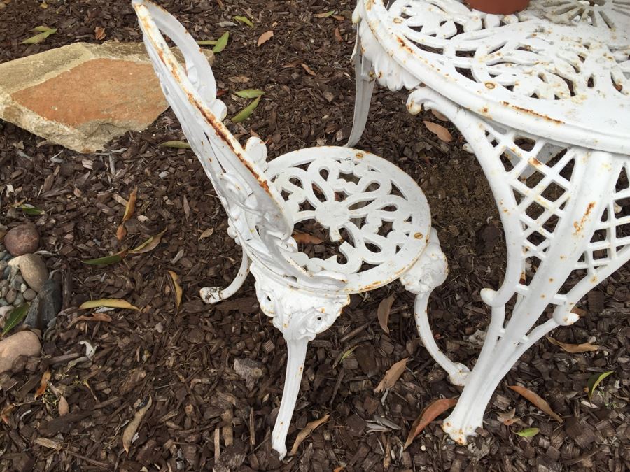 Vintage White Metal Outdoor Table With 2 Chairs And Succulents - Note Damage To Seat Of One Chair [Photo 13]