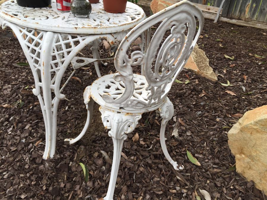 Vintage White Metal Outdoor Table With 2 Chairs And Succulents - Note Damage To Seat Of One Chair [Photo 3]