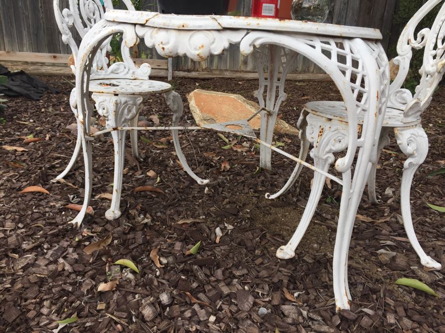 Vintage White Metal Outdoor Table With 2 Chairs And Succulents - Note Damage To Seat Of One Chair [Photo 4]
