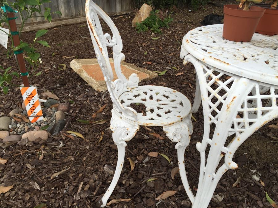 Vintage White Metal Outdoor Table With 2 Chairs And Succulents - Note Damage To Seat Of One Chair [Photo 5]