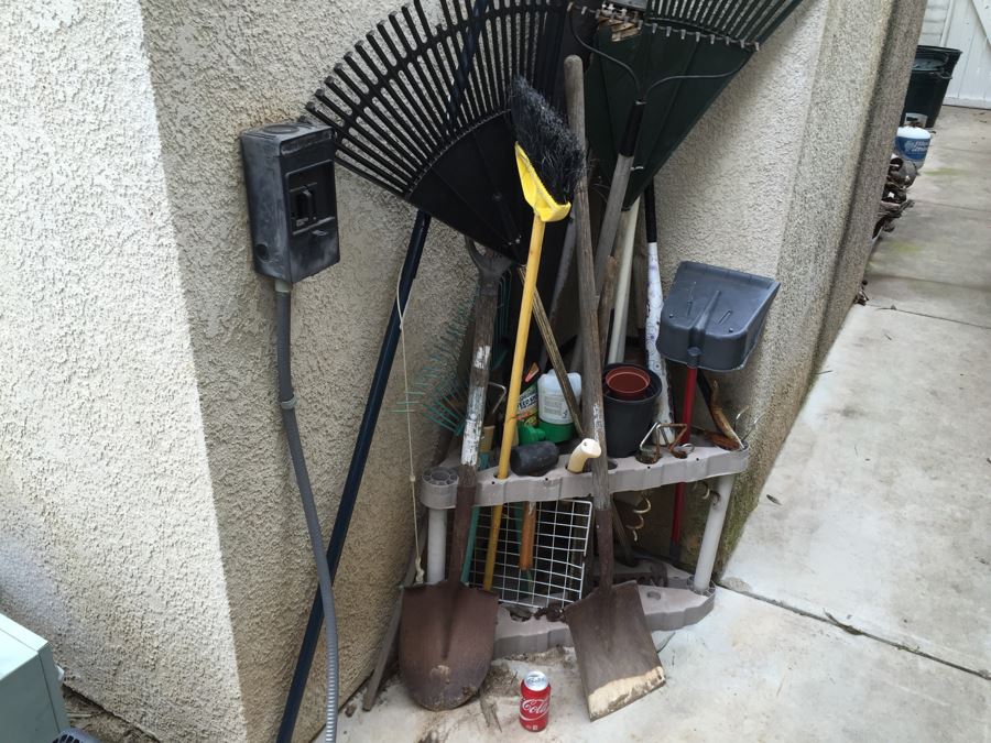 Garden Tool Lot With Shovels, Rakes, Tree Trimmer
