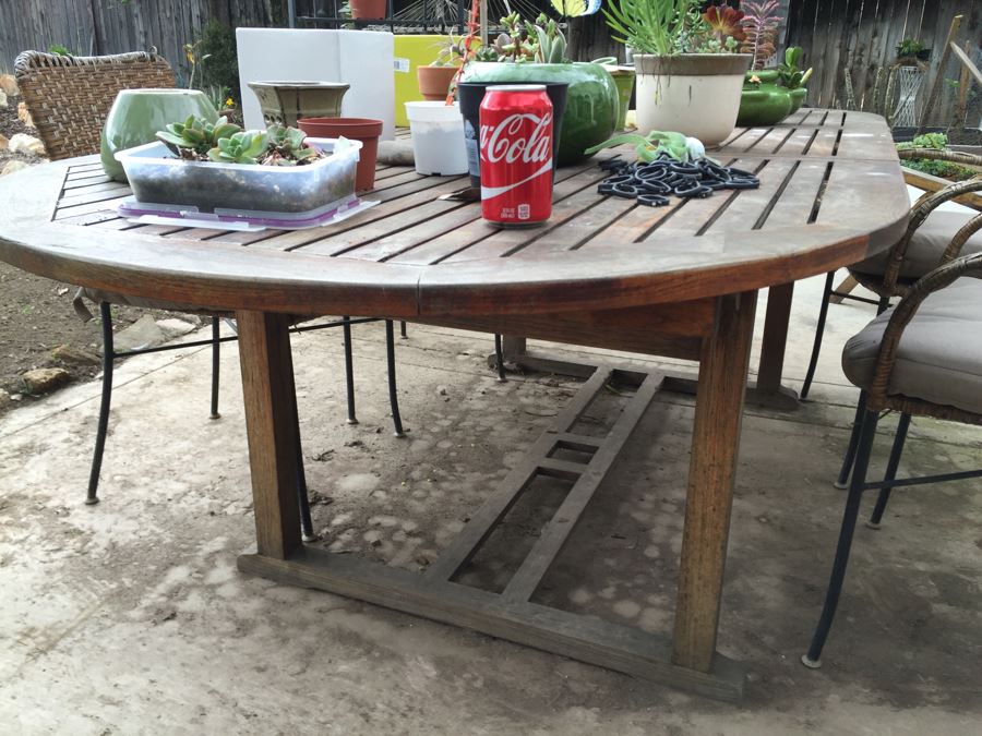 Large Outdoor Teak Table With 4 Chairs Filled With Potted Succulents [Photo 5]