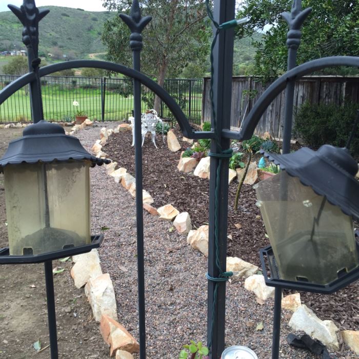 All Potted Succulets Attached To Metal Garden Structure Plus Bird Feeder, Wind Chime And Lantern [Photo 31]