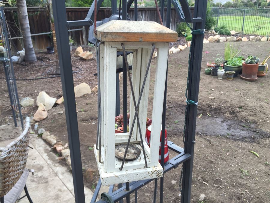 All Potted Succulets Attached To Metal Garden Structure Plus Bird Feeder, Wind Chime And Lantern [Photo 27]
