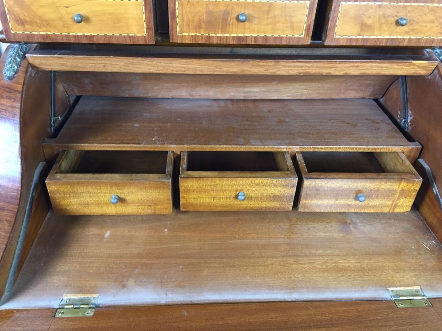 Stunning Vintage Bureau Writing Desk With Nice Inlay Work And Metal Accents [Photo 16]