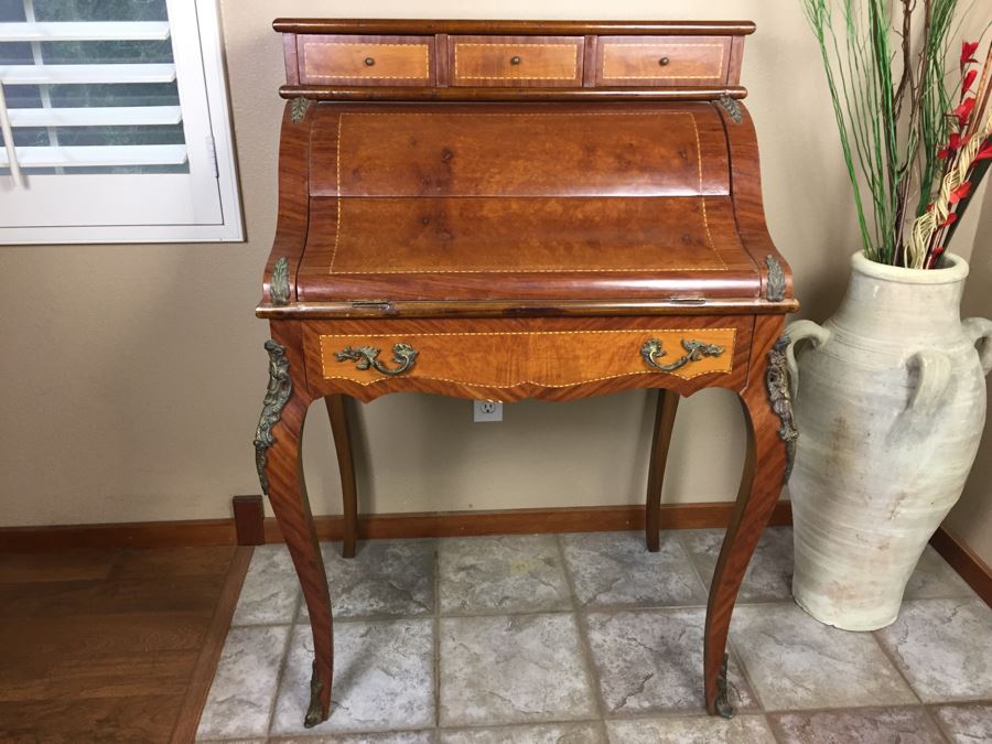 Stunning Vintage Bureau Writing Desk With Nice Inlay Work And Metal Accents