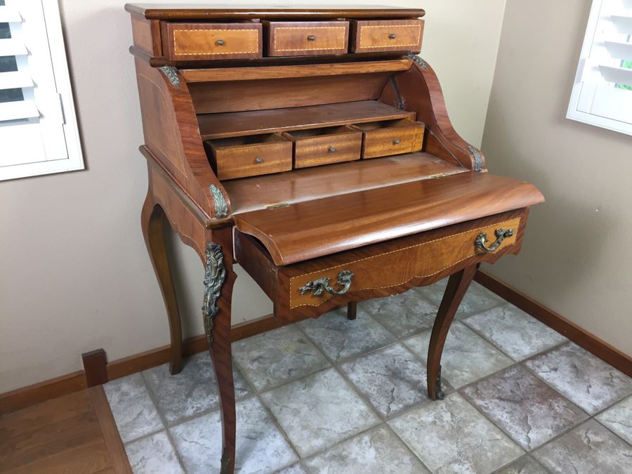 Stunning Vintage Bureau Writing Desk With Nice Inlay Work And Metal Accents [Photo 3]