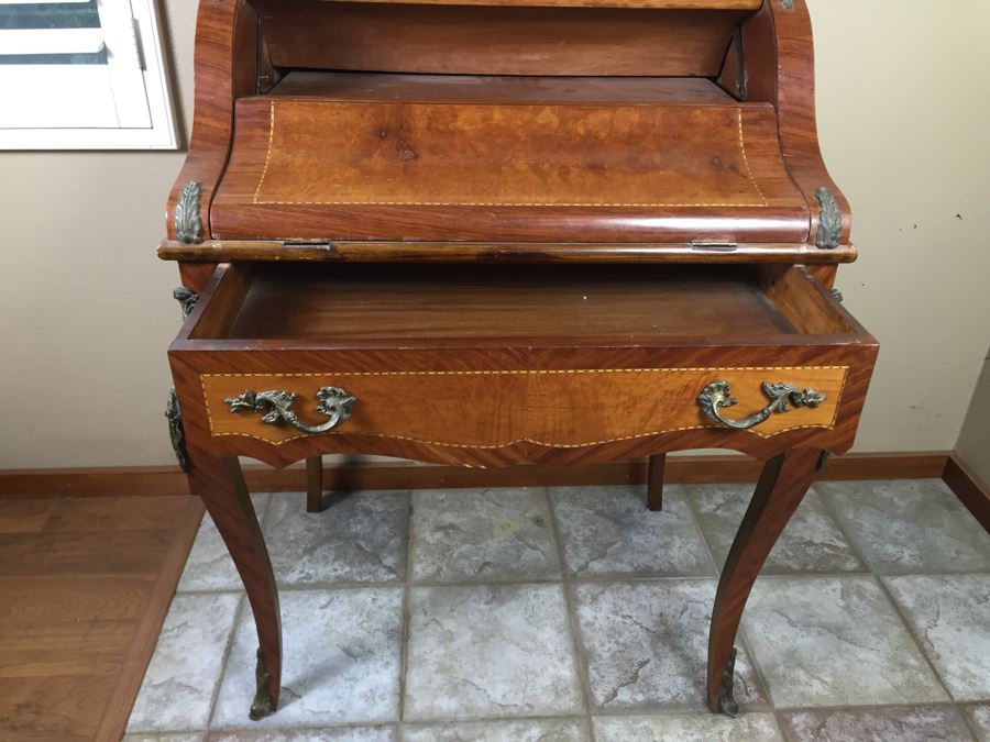 Stunning Vintage Bureau Writing Desk With Nice Inlay Work And Metal Accents [Photo 12]