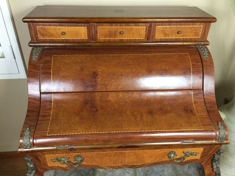 Stunning Vintage Bureau Writing Desk With Nice Inlay Work And Metal Accents [Photo 5]