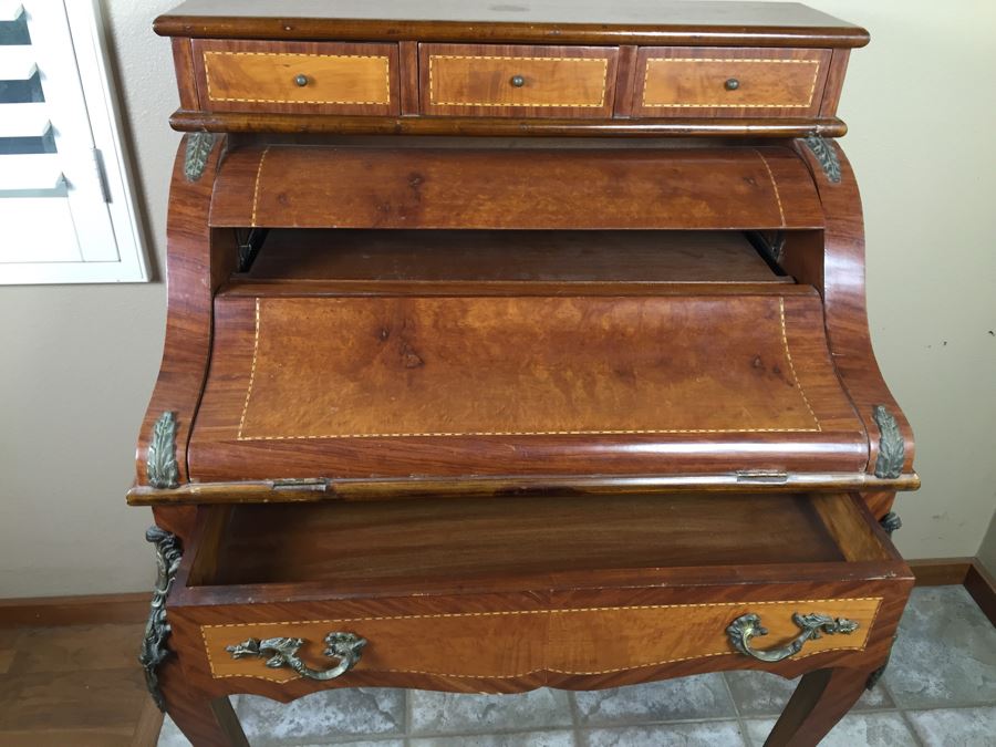 Stunning Vintage Bureau Writing Desk With Nice Inlay Work And Metal Accents [Photo 10]